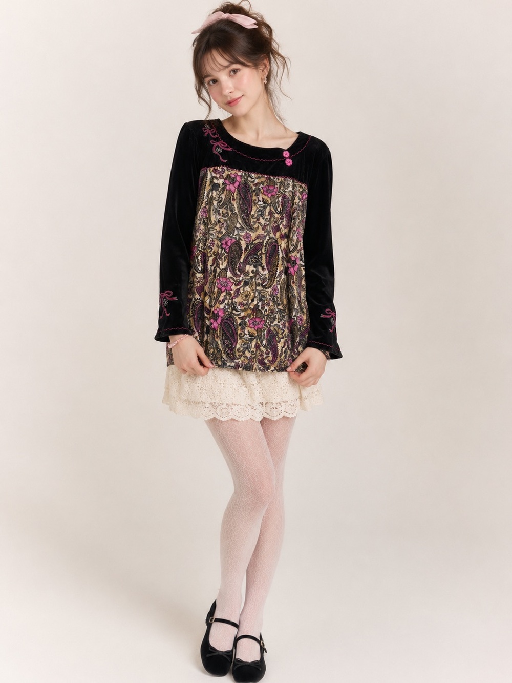 Y2K Twee Kidcore Floral Paisley Velvet Embroidered Bow Dark Fairycore Kitschy
